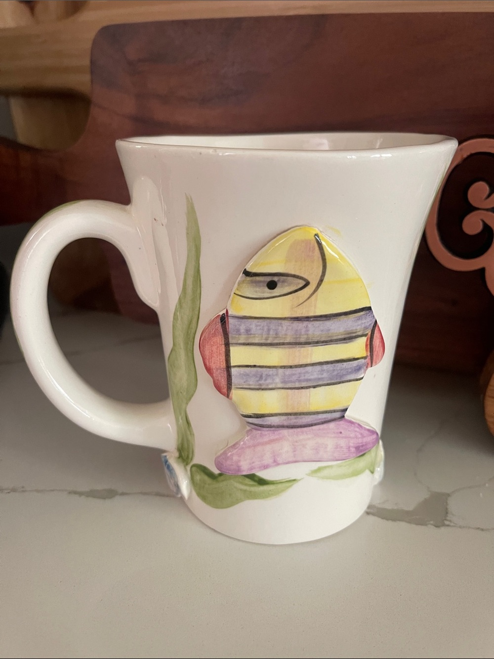Hand-Painted Ceramic Mug with Striped Fish Motif - Cream, Blue, Peach